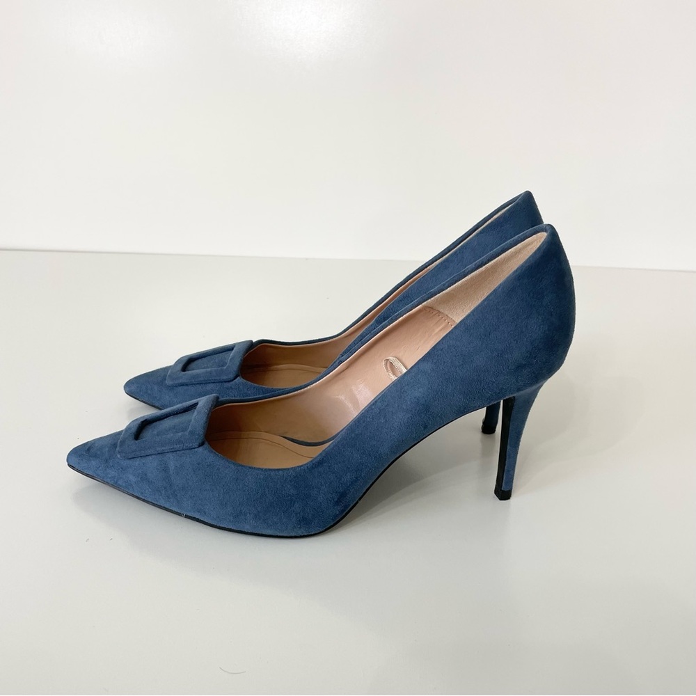 Zara Trafaluc Slate Blue Suede Pointed Toe Stiletto Heels, size EU 40 (see note)